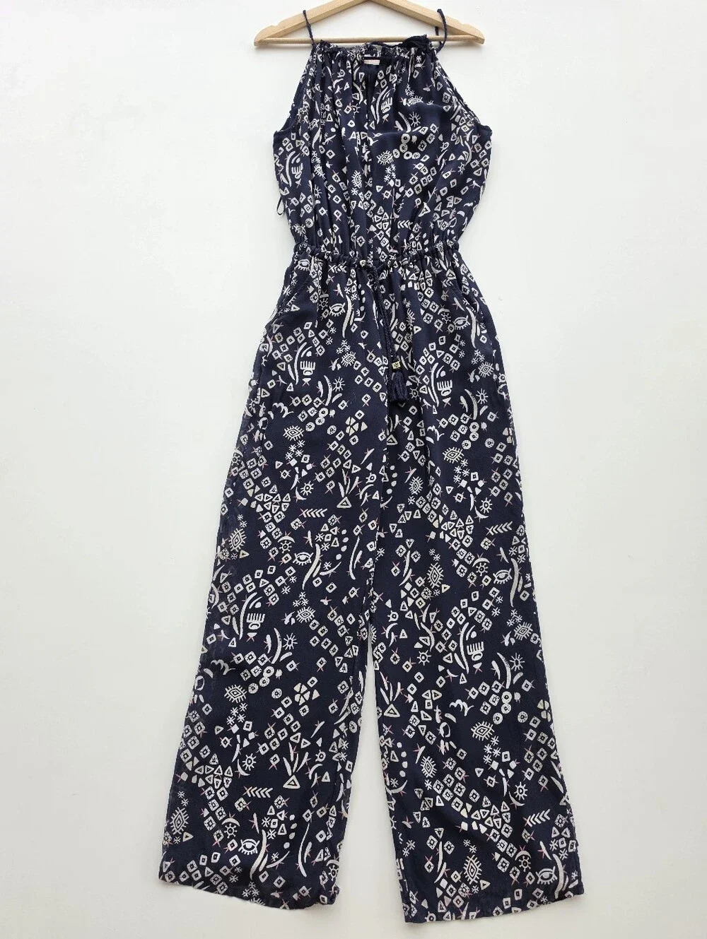 Tory Burch Silk Navy Blue Geometric Tribal Print Wide Leg Jumpsuit